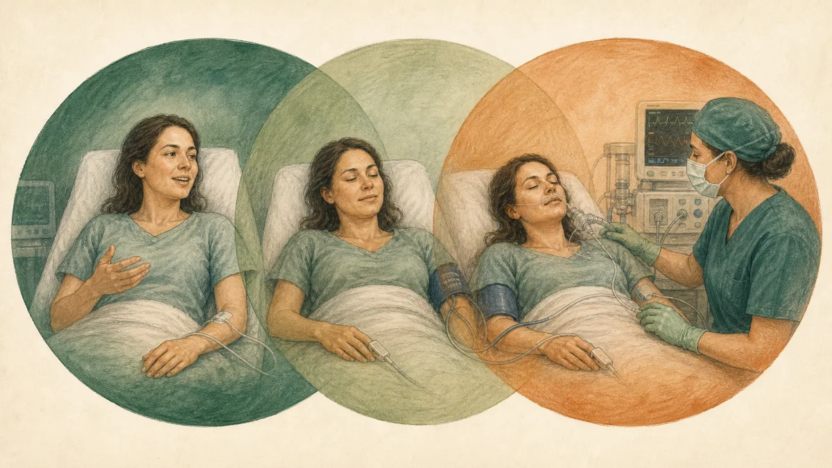 Editorial diagram of the sedation depth spectrum from minimal sedation to general anesthesia, showing where conscious sedation and MAC sit