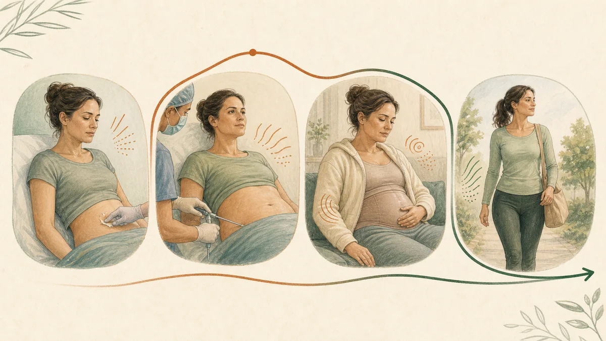 Editorial timeline illustration showing pain and sensation levels before, during, and in the weeks after liposuction