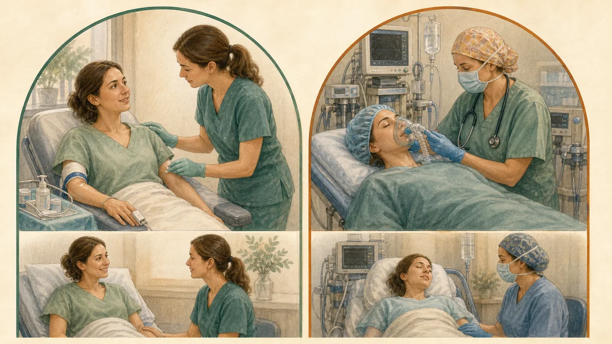 Editorial diagram comparing local anesthesia and general anesthesia across consciousness, airway involvement, and recovery time