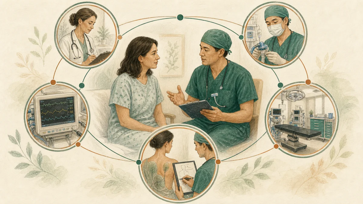 Editorial diagram comparing anesthesia safety considerations across local, tumescent, MAC, and general anesthesia