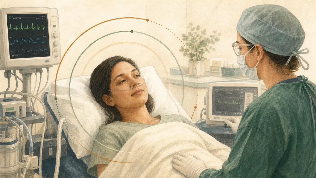 Editorial illustration of a patient in a drowsy, relaxed state during twilight sedation with a monitoring provider nearby