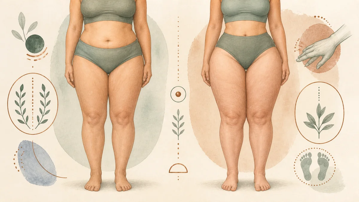 Editorial diagram comparing lipedema leg patterns with general weight distribution, showing symmetry, proportion, and texture differences