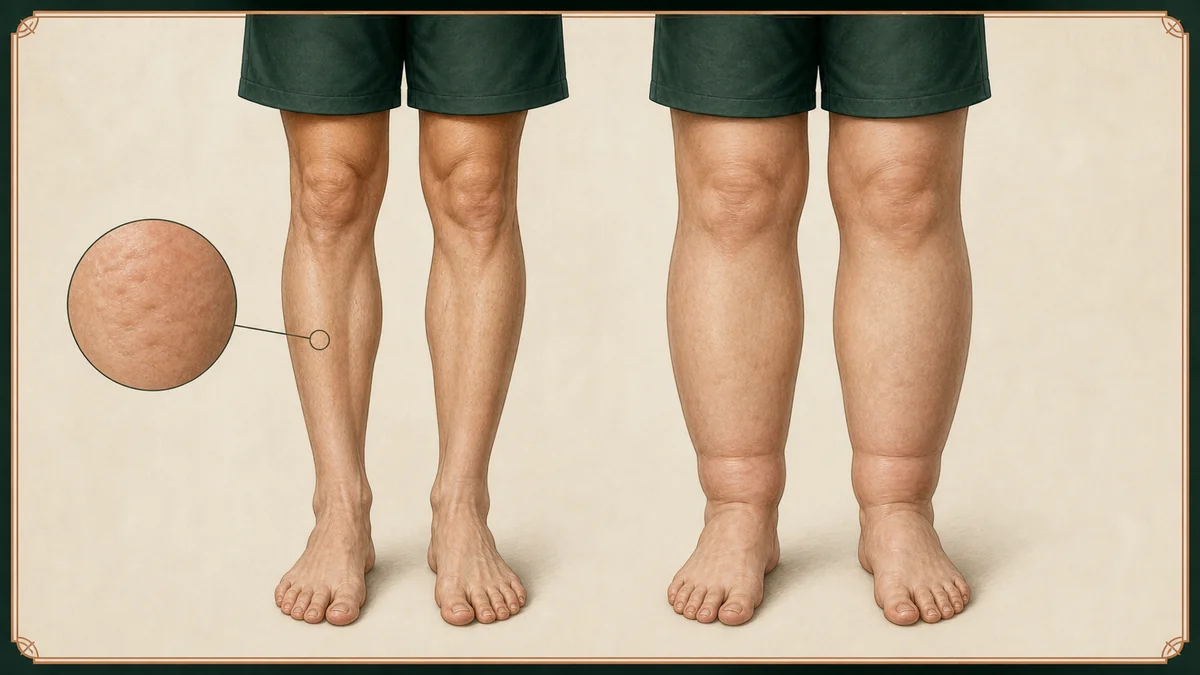 Editorial diagram comparing lipedema and cellulite leg patterns, showing symmetry, the ankle cuff sign, and tissue texture differences