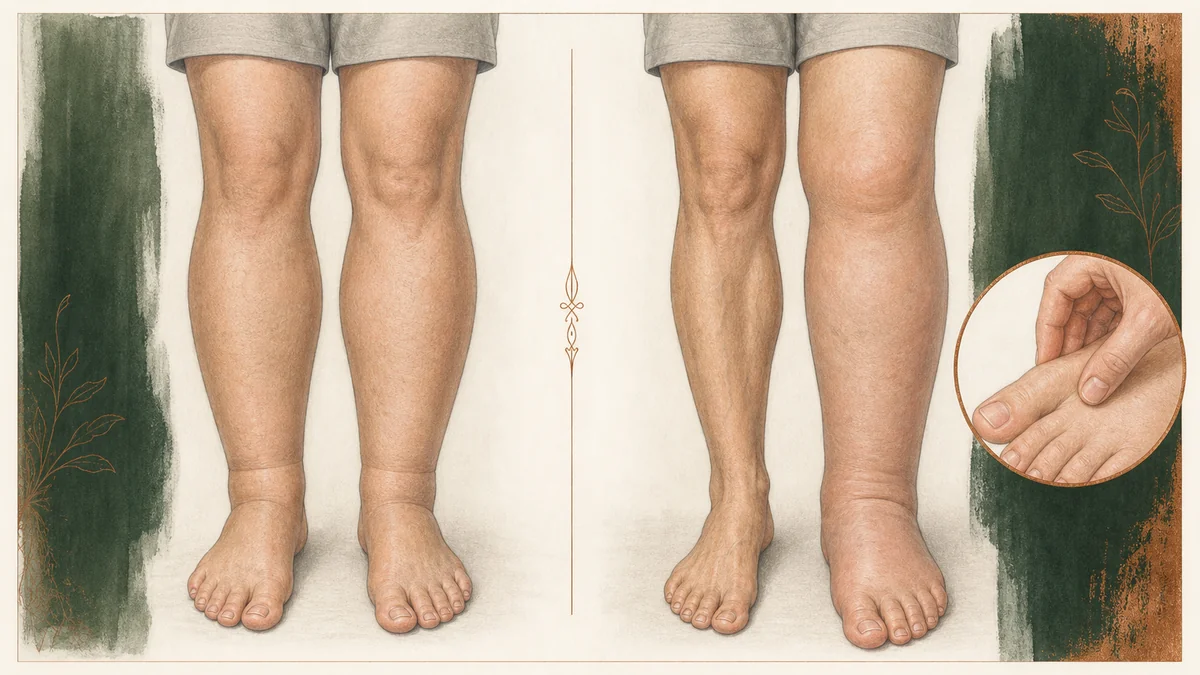 Editorial diagram comparing lipedema and lymphedema leg patterns, showing symmetry, foot involvement, and the Stemmer sign