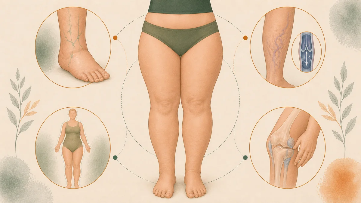 Editorial diagram showing how lipedema relates to lymphedema, venous insufficiency, obesity, and joint hypermobility