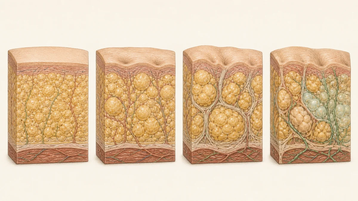 Illustrated tissue cross-sections showing lipedema stages 1 through 4 without before-and-after body imagery