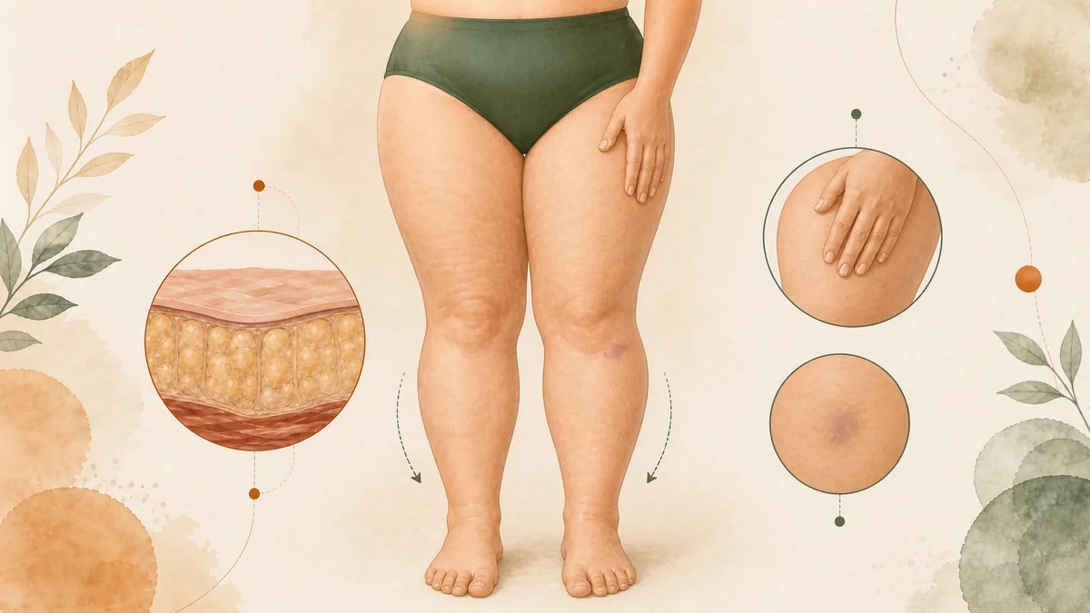 Editorial illustration of common lipedema symptoms including symmetrical swelling and tenderness