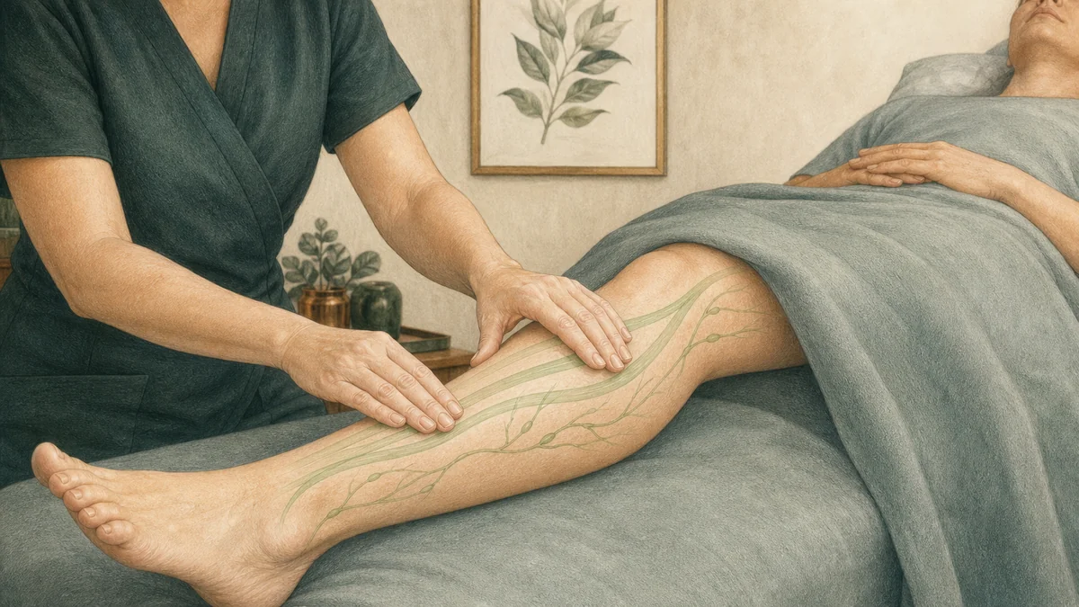 Editorial diagram showing the light, directional sequence used in manual lymphatic drainage rather than deep-tissue pressure