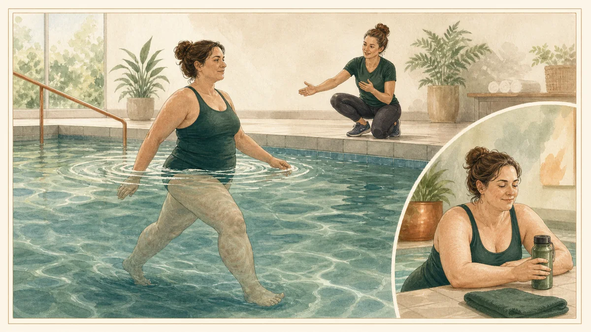 Editorial illustration of low-impact water-based exercise recommended for lipedema management